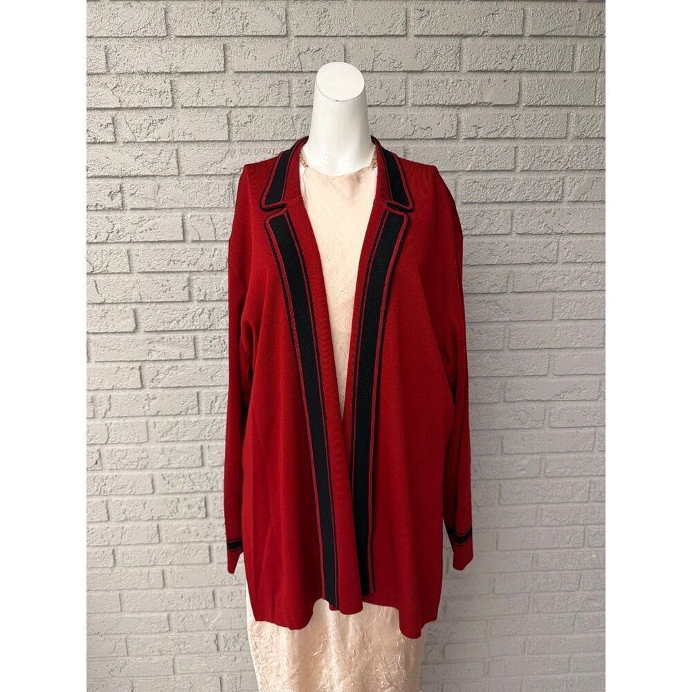 Misook Women’s Deep Red with Black Trim Open Front Knit Jacket Size 3X